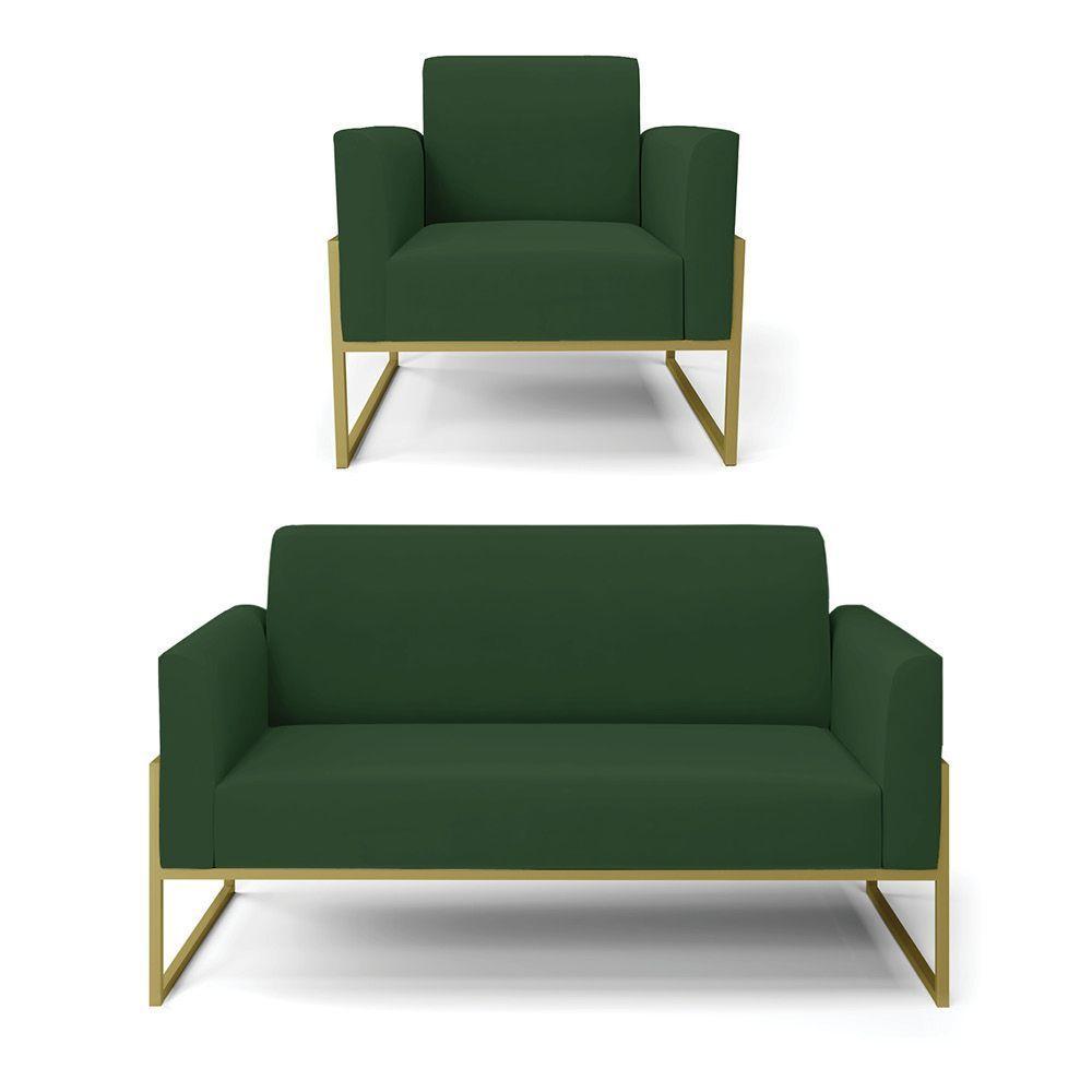 Sofá Namoradeira Com Poltrona Base Industrial Alta Dourado Marisa Veludo Verde D03 - D\'rossi - 1