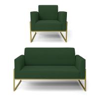 Sofá Namoradeira Com Poltrona Base Industrial Alta Dourado Marisa Veludo Verde D03 - D\'rossi - 1