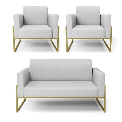 Sofá Namoradeira Com 2 Poltronas Base Industrial Alta Dourado Marisa Linho Cinza A05 D03 - D\'rossi