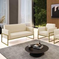 Sofá Namoradeira Com Poltrona Base Industrial Alta Dourado Marisa Linho Bege A19 D03 - D\'rossi - 7