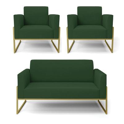 Sofá Namoradeira Com 2 Poltronas Base Industrial Alta Dourado Marisa Veludo Verde D03 - D\'rossi