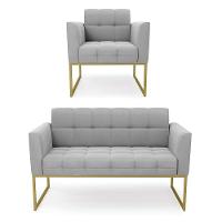 Kit 1 Sofá Namoradeira E 1 Poltrona Suede Base Metálica Industrial Dourado - D\'rossi Cor Cinza - 1