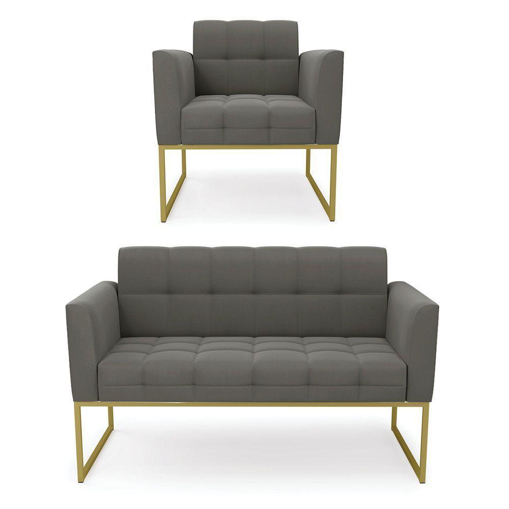 Kit 1 Sofá Namoradeira E 1 Poltrona Suede Base Metálica Industrial Dourado - D\'rossi Cor Grafite - 1