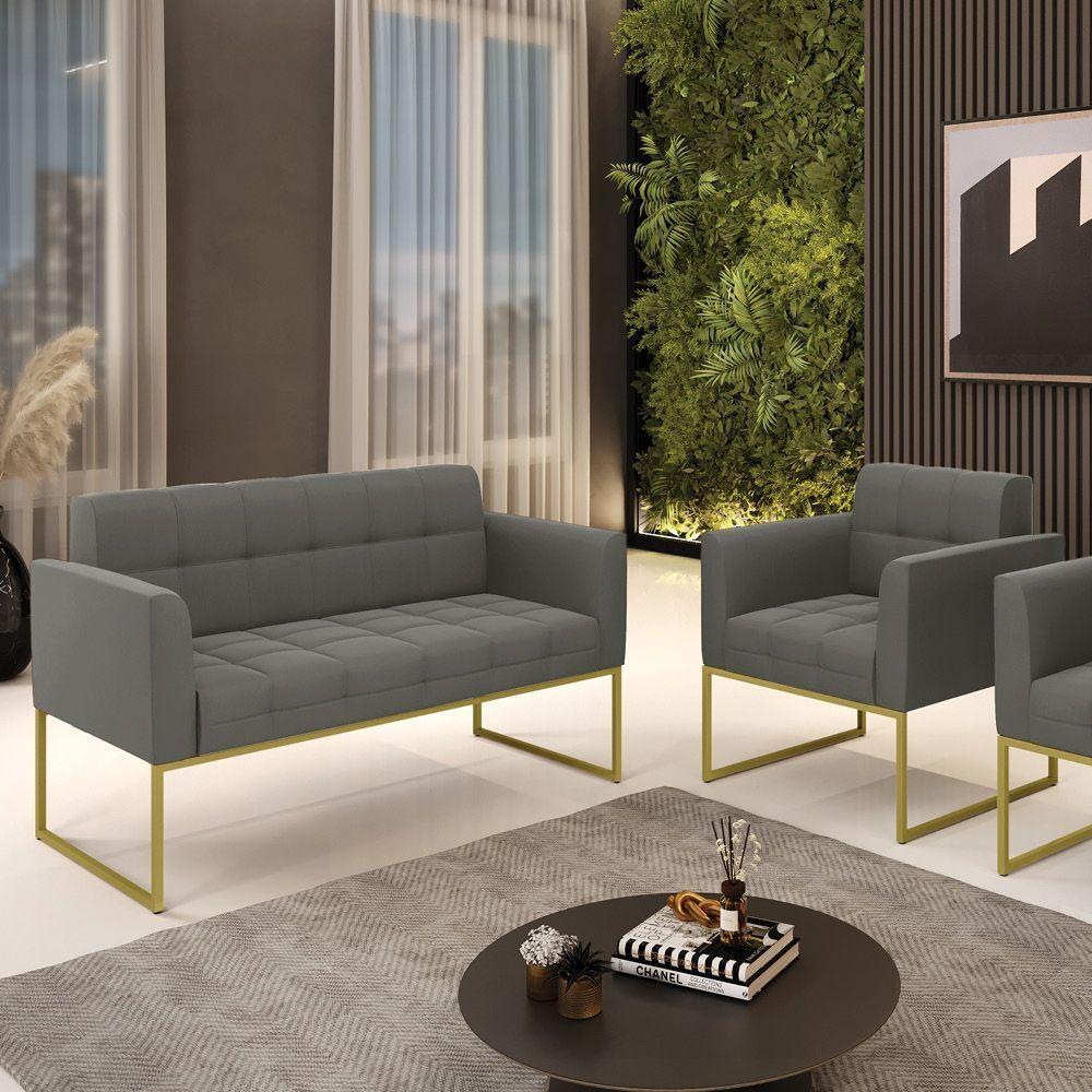 Kit 1 Sofá Namoradeira E 1 Poltrona Suede Base Metálica Industrial Dourado - D\'rossi Cor Grafite - 5