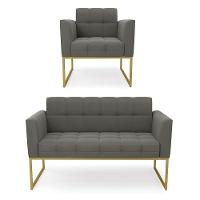 Kit 1 Sofá Namoradeira E 1 Poltrona Suede Base Metálica Industrial Dourado - D\'rossi Cor Grafite - 1