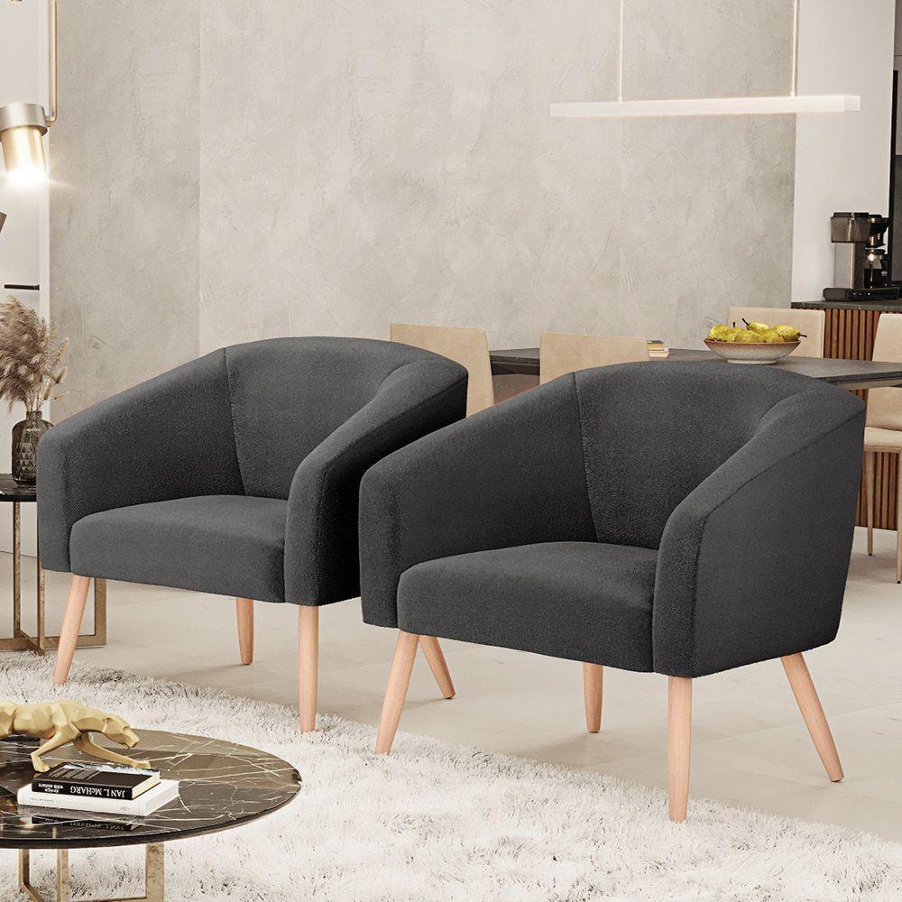 Kit 2 Poltronas Stella Bouclê Pés Palito Natural - D\'rossi Cor Grafite - 3