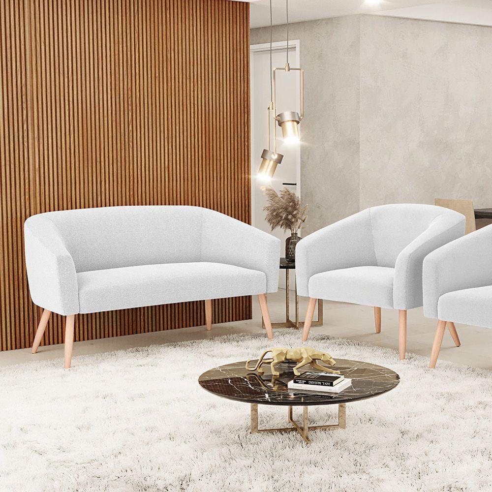 Kit 1 Sofá Namoradeira E 1 Poltrona Stella Bouclê Pés Palito Natural - D\'rossi Cor Off White - 5