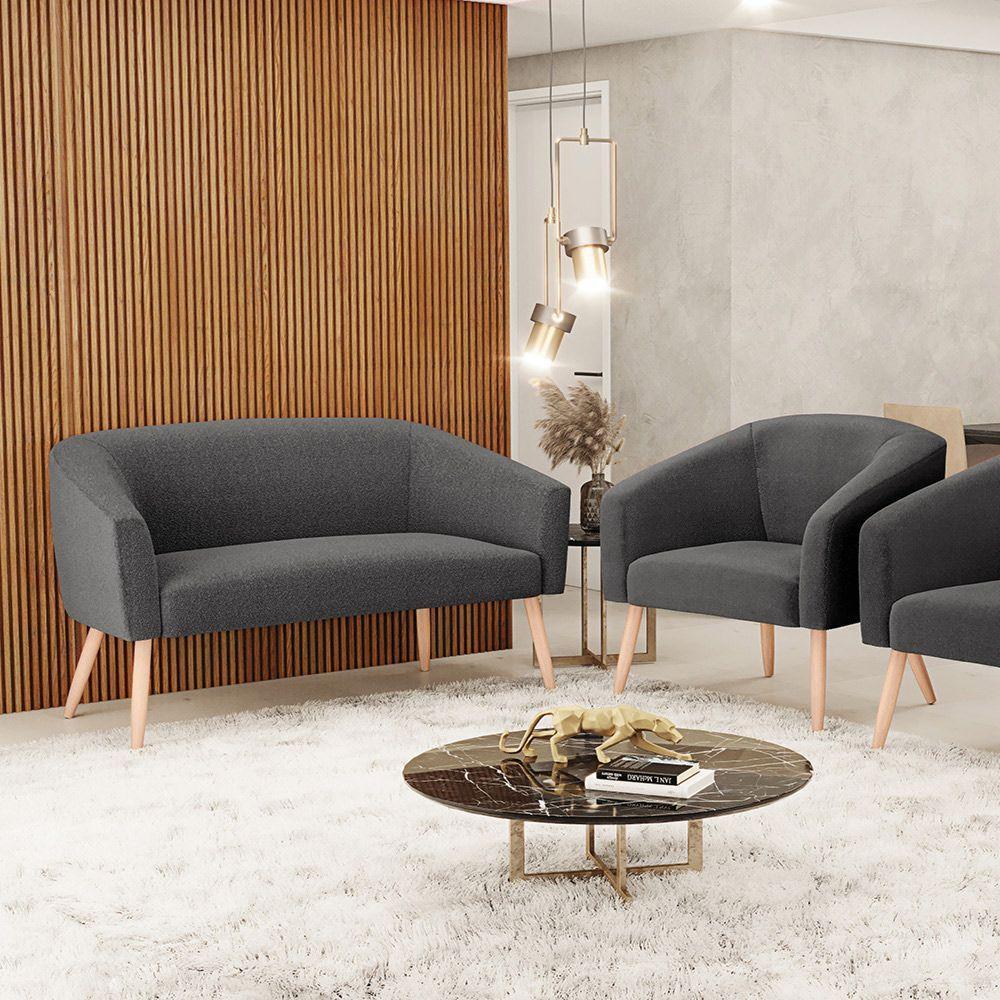 Kit 1 Sofá Namoradeira E 1 Poltrona Stella Bouclê Pés Palito Natural - D\'rossi Cor Grafite - 6