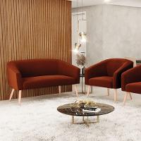 Kit 1 Sofá Namoradeira E 1 Poltrona Stella Bouclê Pés Palito Natural - D\'rossi Cor Terra - 5