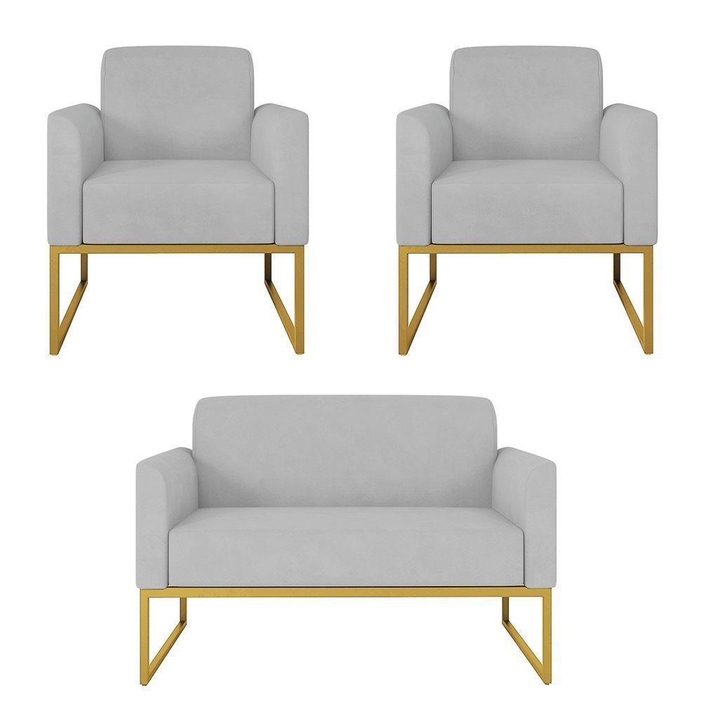 Kit 01 Namoradeira E 02 Poltronas Marisa Suede Cinza Base Industrial Metálica Dourado D\'rossi - 1