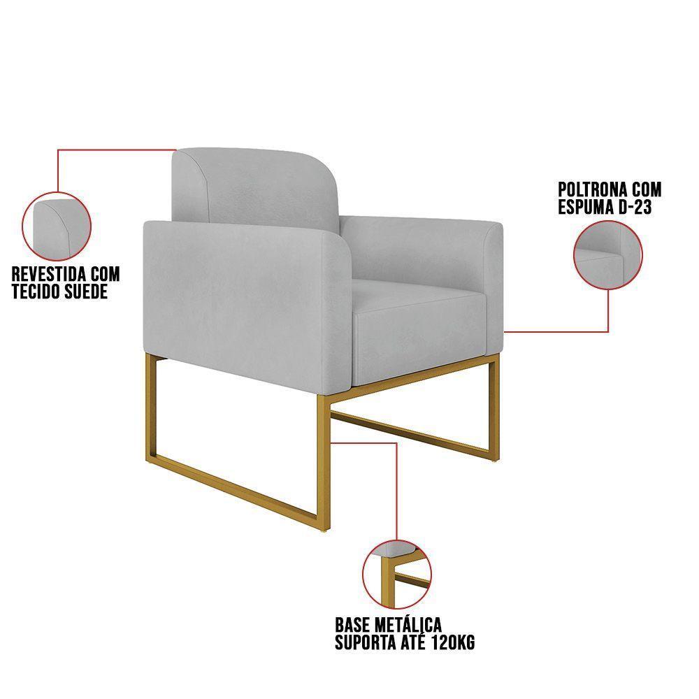 Kit 01 Namoradeira E 02 Poltronas Marisa Suede Cinza Base Industrial Metálica Dourado D\'rossi - 3