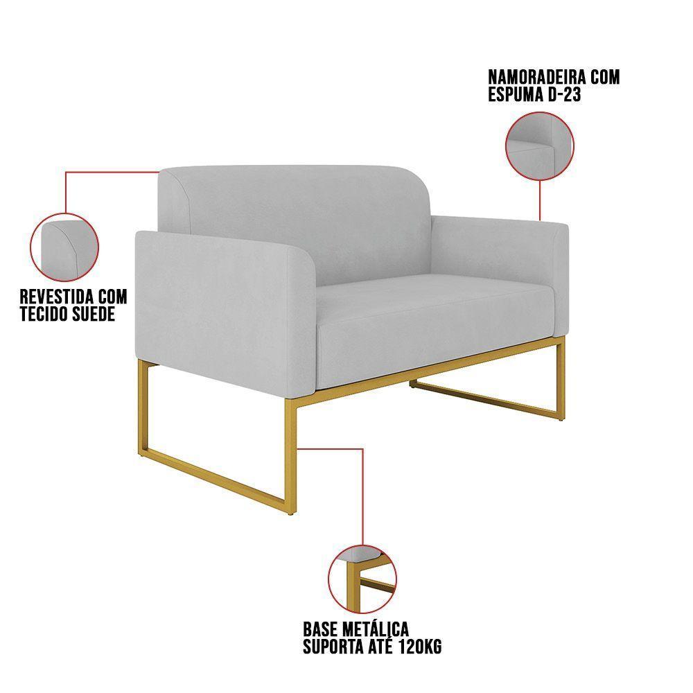 Kit 01 Namoradeira E 02 Poltronas Marisa Suede Cinza Base Industrial Metálica Dourado D\'rossi - 4