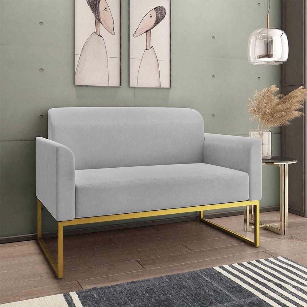 Kit 01 Namoradeira E 02 Poltronas Marisa Suede Cinza Base Industrial Metálica Dourado D\'rossi - 7