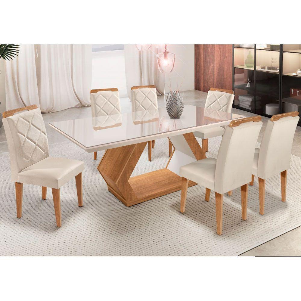 Mesa Alvorada 180 Tp Mdf Vidro Canto Reto 6 Cadeiras Rufato Veludo Creme/off White/imbuia/serig. Off - 1
