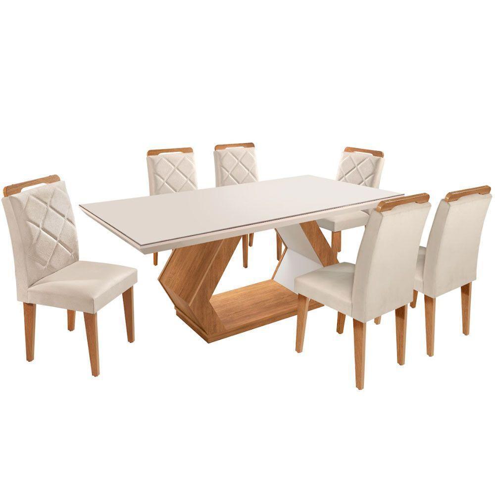 Mesa Alvorada 180 Tp Mdf Vidro Canto Reto 6 Cadeiras Rufato Veludo Creme/off White/imbuia/serig. Off - 2