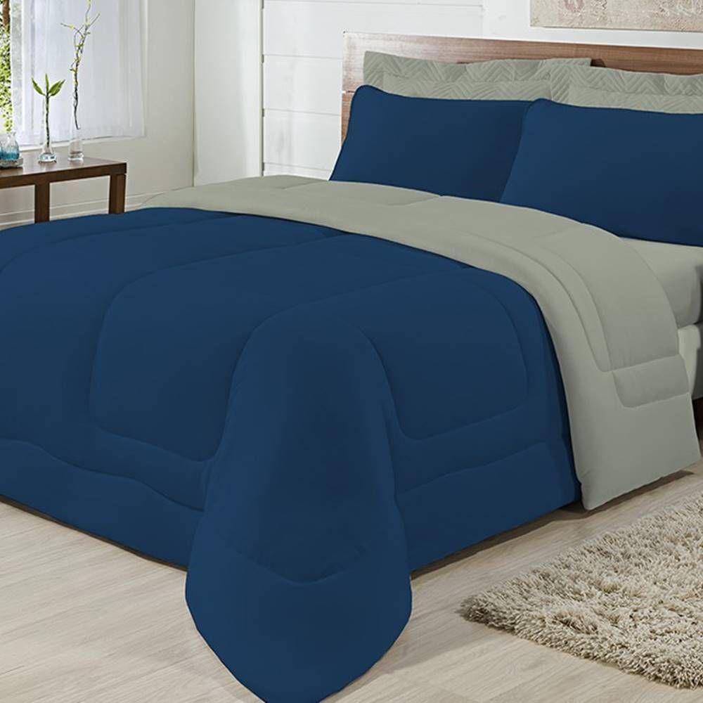 Edredom Dupla Face 100% Algodão Malha Solteiro Gran Moratta 01 Peça - Marinho- Cinza - 1