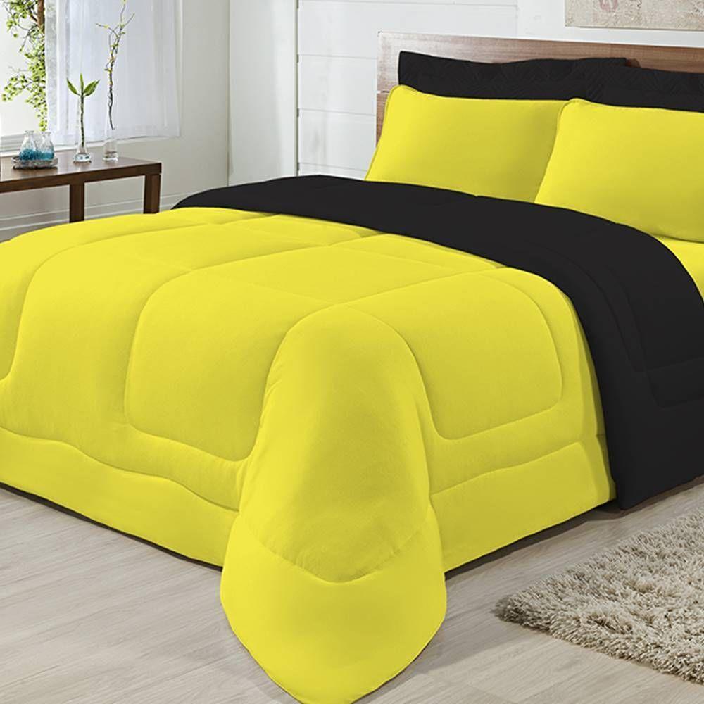 Edredom Dupla Face 100% Algodão Malha Queen Gran Moratta 01 Peça - Preto- Amarelo - 3
