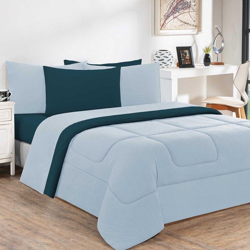 Kit Edredom + Jogo De Lençol Malha 100% Algodão Gran Moratta 6 Peças King - Azul Bebê-azul Petróleo - 1
