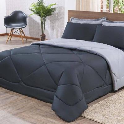 Kit Edredom + Jogo De Lençol Aconchego Look House Dupla Face Solteiro 04 Peças - Preto- Cinza