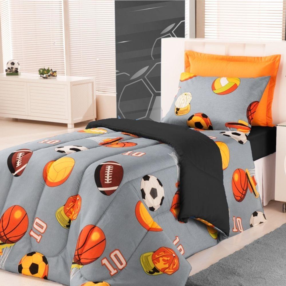 Edredom Estampado Infantil Kids Solteiro 01 Peça - Futebol Cinza - 1