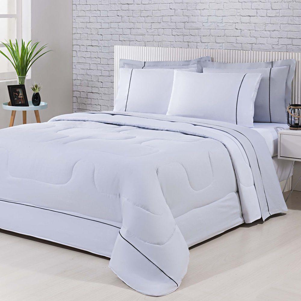Kit Edredom 100% Algodão Percal 150 Fios Dupla Face Solteiro Jogo De Cama 5 Peças - Cinza-branco - 1