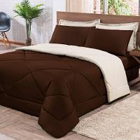 Kit Edredom + Jogo De Lençol Aconchego Look House Dupla Face Casal Queen 06 Peças - Marrom E Palha - 1