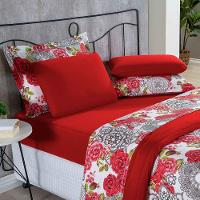 Kit Edredom + Jogo De Lençol Malha 100% Algodão Primavera 4 Peças Solteiro - Floral Vermelho - 3