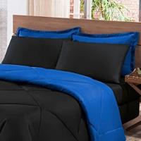 Kit Edredom + Jogo De Lençol Aconchego Look House Dupla Face Casal Queen 06 Peças - Preto- Azul - 3