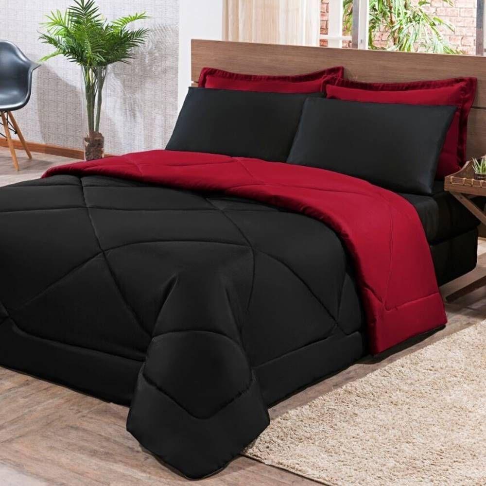 Kit Edredom + Jogo De Lençol Aconchego Look House Dupla Face Casal King 06 Peças - Preto E Vermelho - 1