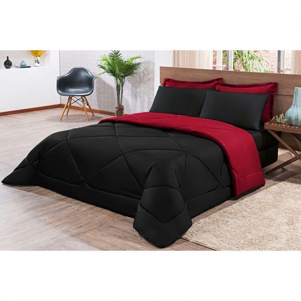 Kit Edredom + Jogo De Lençol Aconchego Look House Dupla Face Casal King 06 Peças - Preto E Vermelho - 2