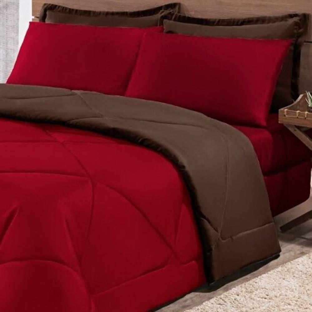 Kit Edredom + Jogo De Lençol Aconchego Look House Dupla Face Solteiro 04 Peças - Vermelho- Marrom - 4