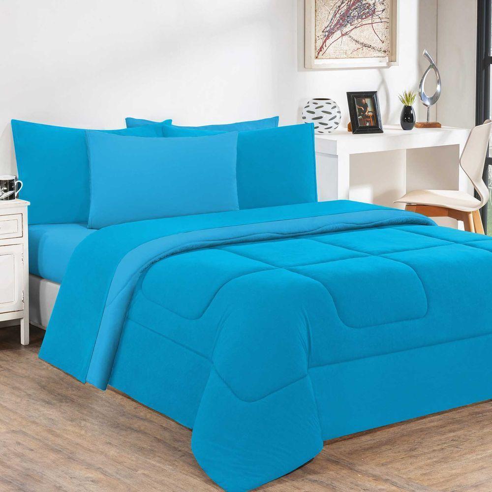 Kit EdredomJogo De Lençol Malha 100% Algodão 6 Peças King - Azul Turquesa-azul Turquesa - 1