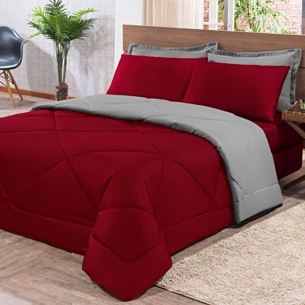 Kit Edredom + Jogo De Lençol Aconchego Look House Dupla Face Casal Queen 06 Peças - Vermelho- Cinza - 1