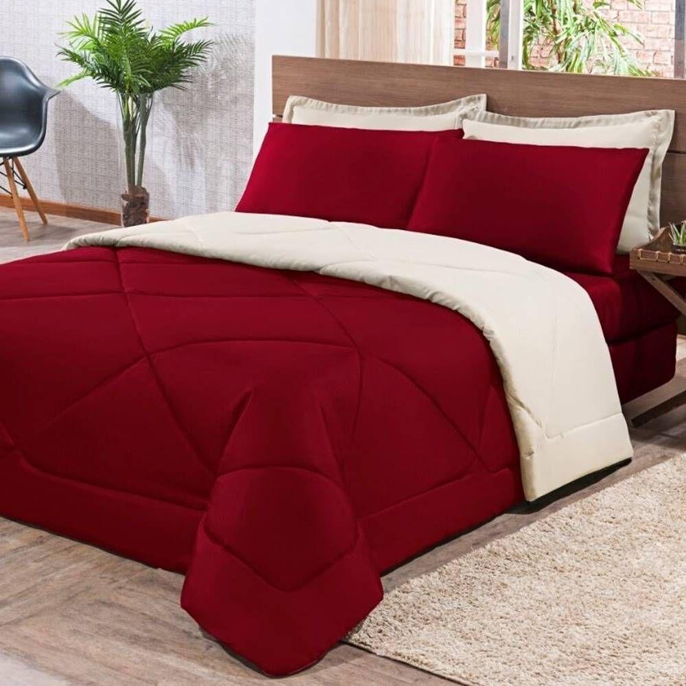 Kit Edredom + Jogo De Lençol Aconchego Look House Dupla Face Casal Queen 06 Peças - Vermelho E Palha - 3
