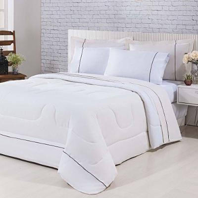 Kit Edredom 100% Algodão Percal 150 Fios Dupla Face Solteiro Jogo De Cama 5 Peças - Palha-branco