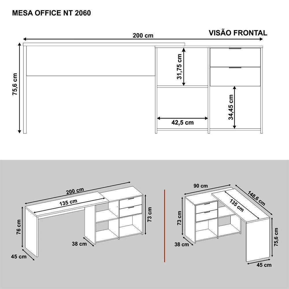 Mesa Para Computador Com 2 Gavetas Office Nt2060 Notável Freijó - 7