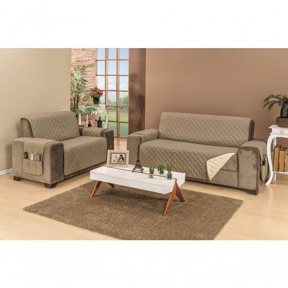 Protetor Para Sofá Dupla Face Manu 2 E 3 Lugares - Cáqui E Palha - 1