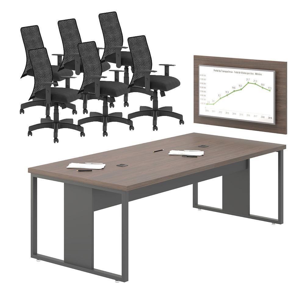 Jogo Mesa Com Painel E Cadeiras De Escritório Freijó Preto - 1