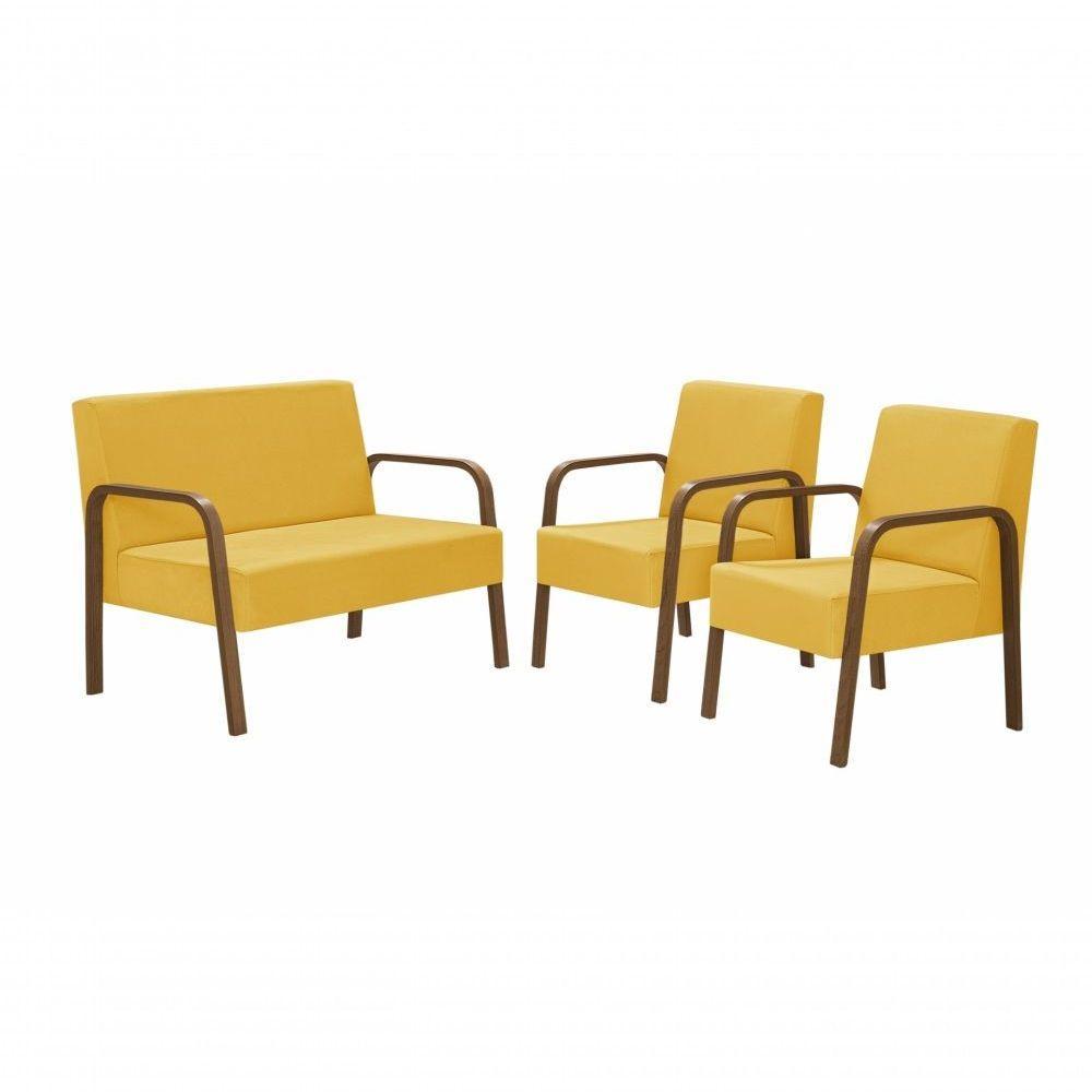 ConjPoltrona Luna Braço Madeira Suede Amarelo - 1