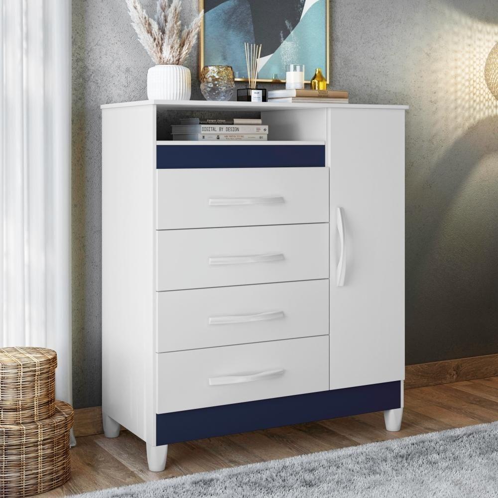 Cômoda Reyna Branco Azul Titanium Rosa 4 Gavetas - 1
