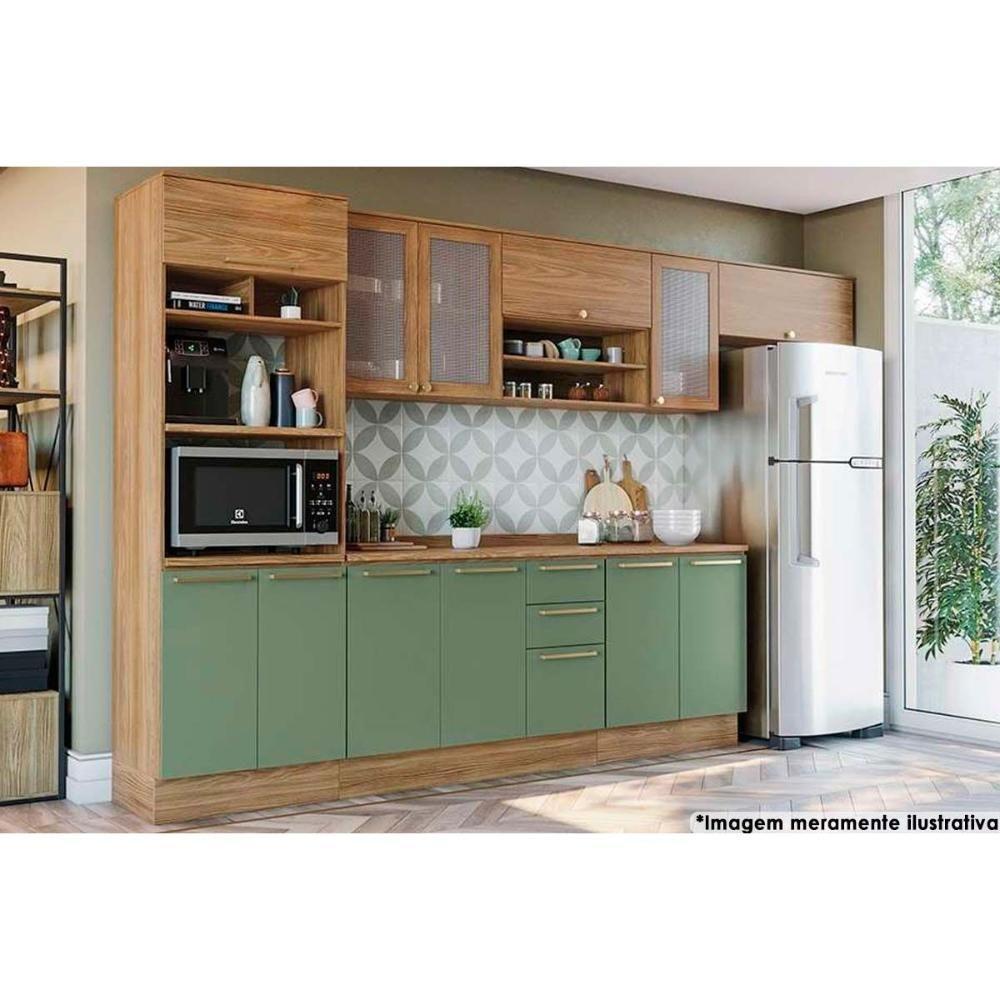 Cozinha Completa Botanic 8 Peças (3 Armários + 2 Balcões + 1 Paneleiro + 2 Complementos) M663 Nogueira/Verde Oliva - Kappesberg - 1
