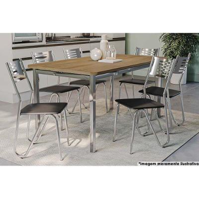 Mesa de Sala Jantar Reno c/ Tampo Madeira 160cm + 6 Cadeiras Nápoles Cromada - Assento Preto 110 - Kappesberg