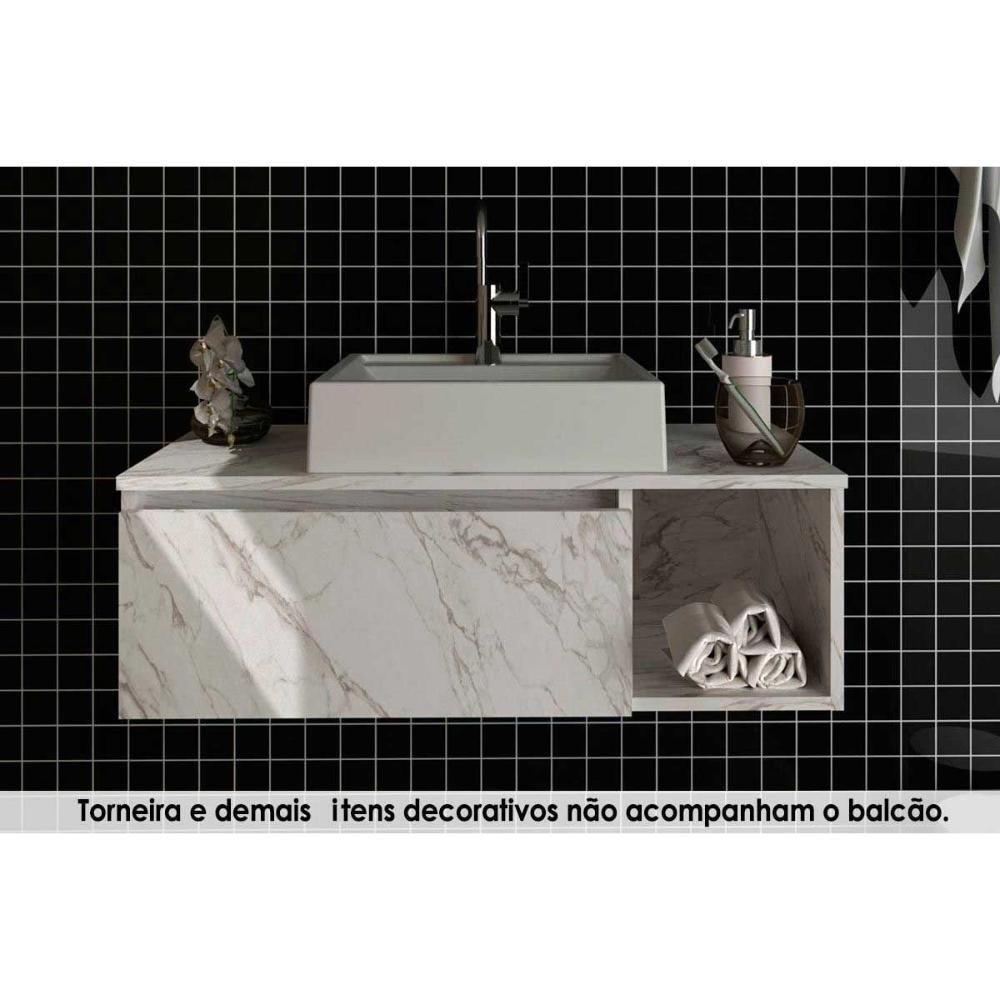 Conjunto De Banheiro Balcão Suspenso Bn3601 C- Cuba Pia Bn3600 80cm Cor Mármore Branco Tecno Mobili - 1