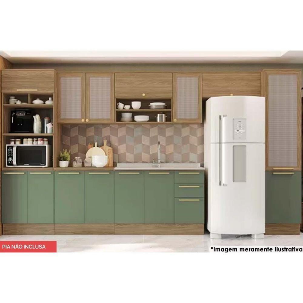 Cozinha Completa Botanic 8 Peças (3 Armários + 2 Balcões + 2 Paneleiros + 1 Complemento) M651 Nogueira/Verde Oliva - Kappesberg - 1