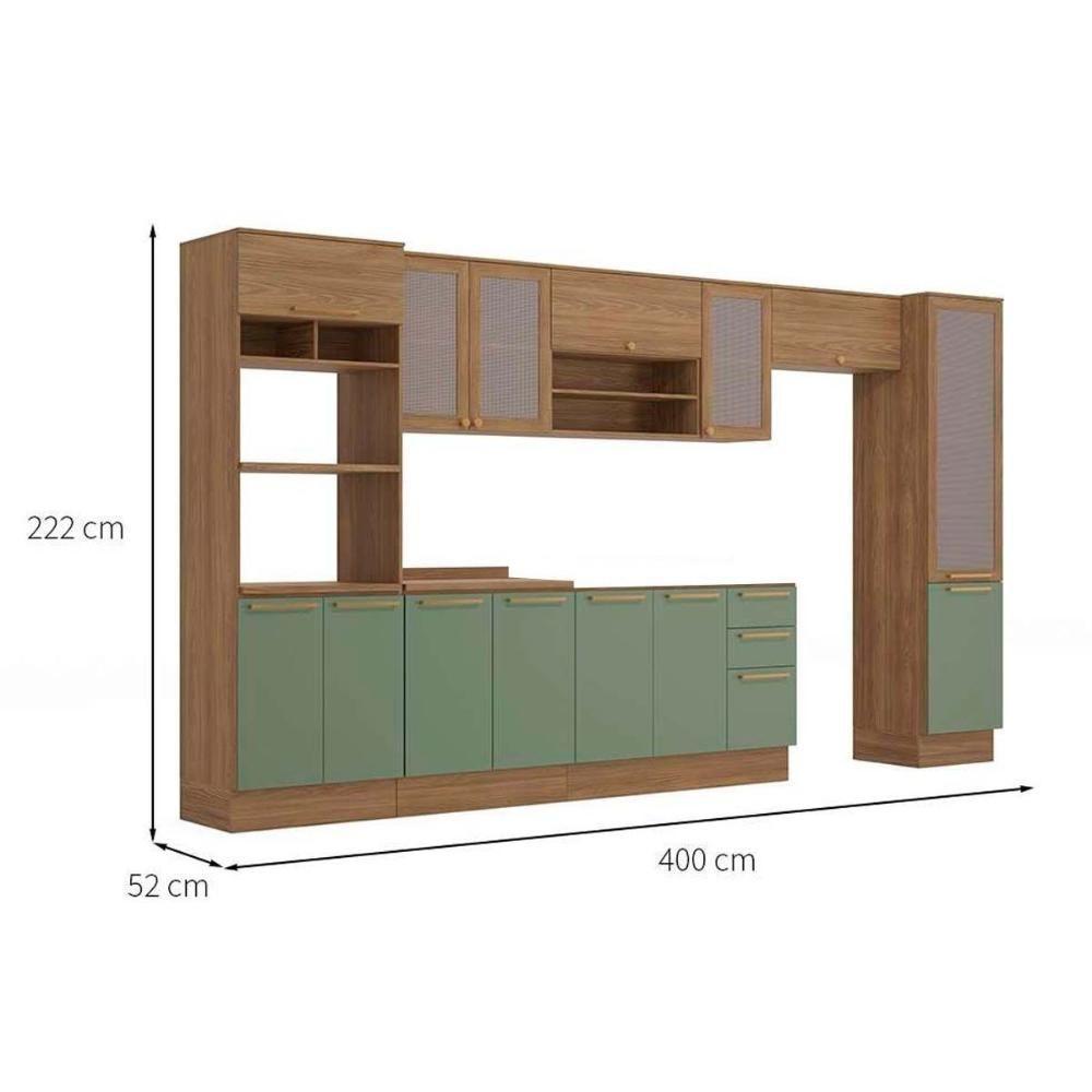 Cozinha Completa Botanic 8 Peças (3 Armários + 2 Balcões + 2 Paneleiros + 1 Complemento) M651 Nogueira/Verde Oliva - Kappesberg - 8