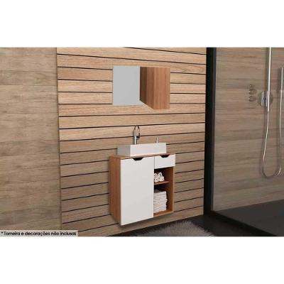 Conjunto de Banheiro Armário c/ Espelho BN3602 80cm e Balcão Suspenso BN3605 60cm c/ Cuba Pia BN3600 cor Amêndoa/Branco - Tecno Mobili