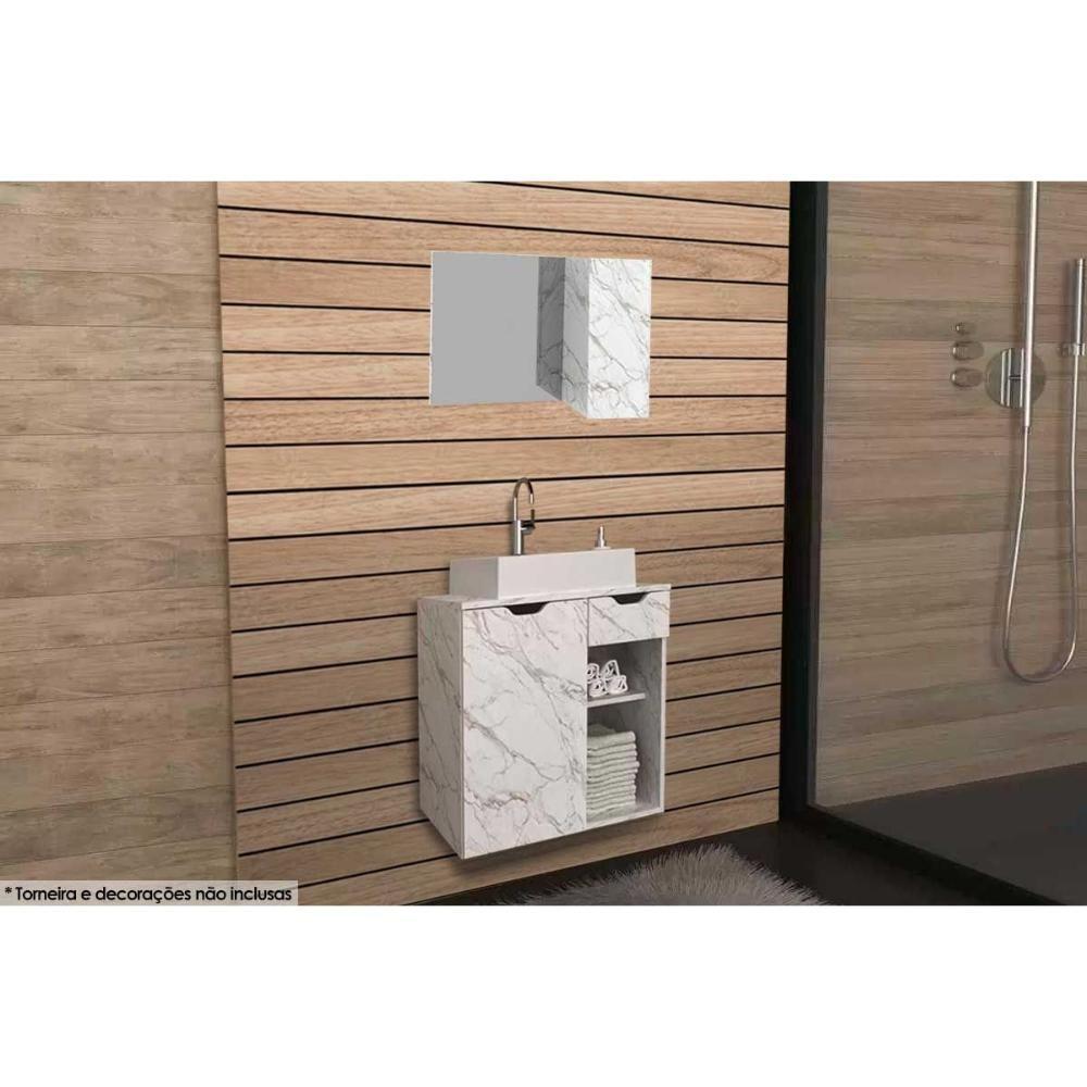 Conjunto De Banheiro Armário C- Espelho Bn3602 80cm E Balcão Suspenso Bn3605 60cm C- Cuba Pia Bn3600 Cor Mármore Branco - Tecno Mobili - 1