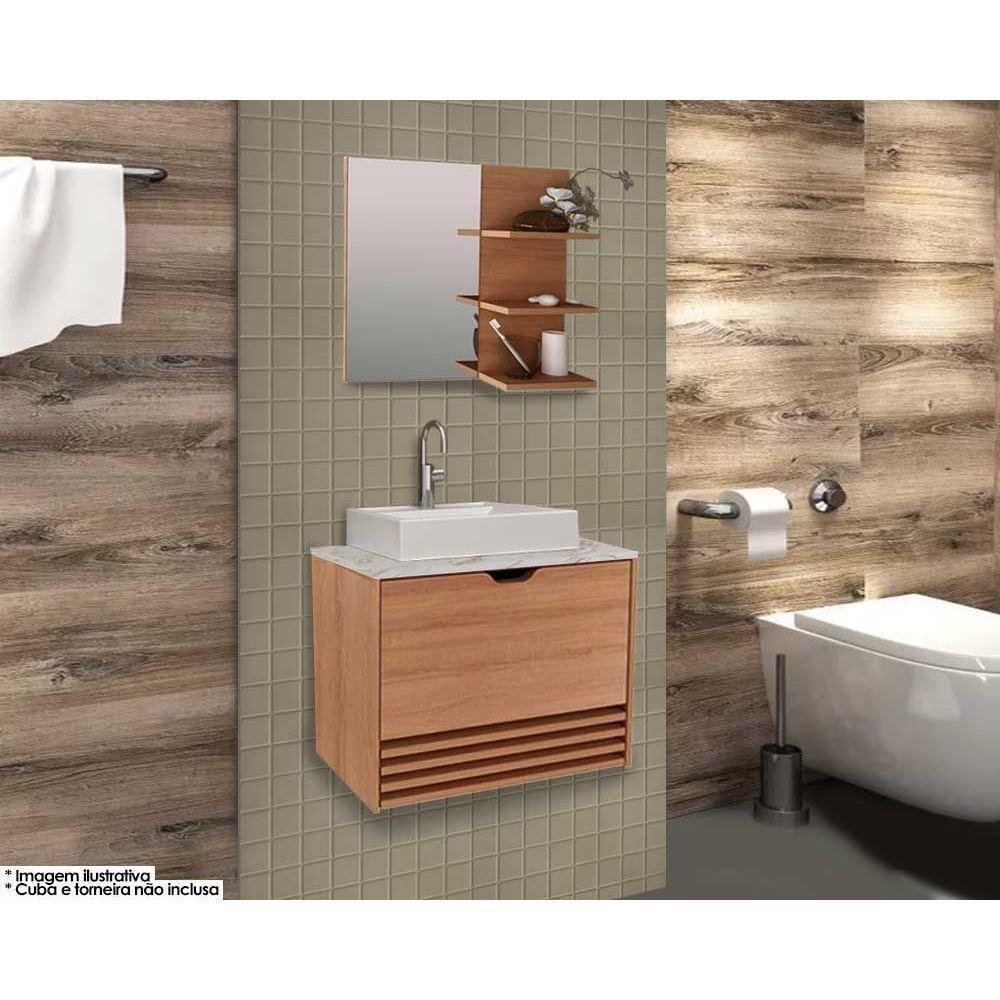 Conjunto De Banheiro Armário C- Espelho Bn3608 E Balcão Suspenso Bn3613 S- Cuba Pia 60cm Cor Amendoa-marmore Branco - Tecno Mobili - 1