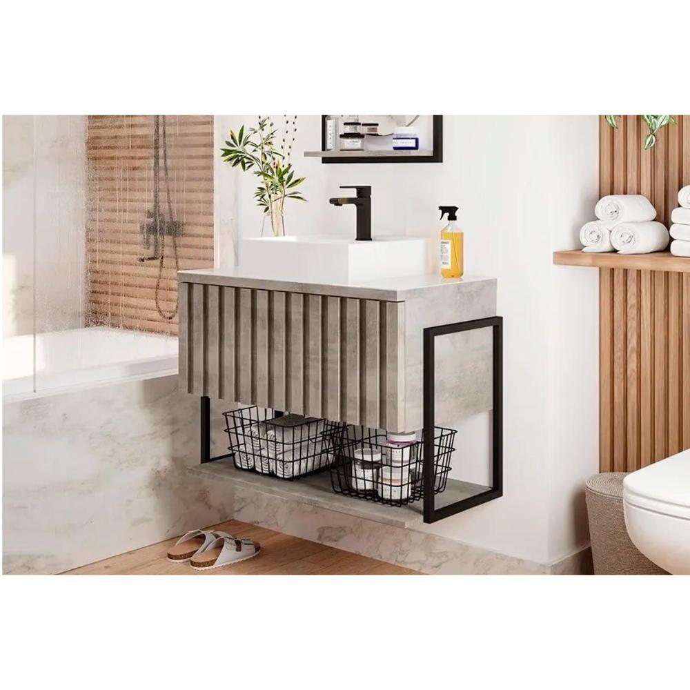 Conjunto De Banheiro Suspenso Frisê Havaí Ripado 1pta C-cuba E Tampo Vidro 60 Cm Cimento Mgm - 1