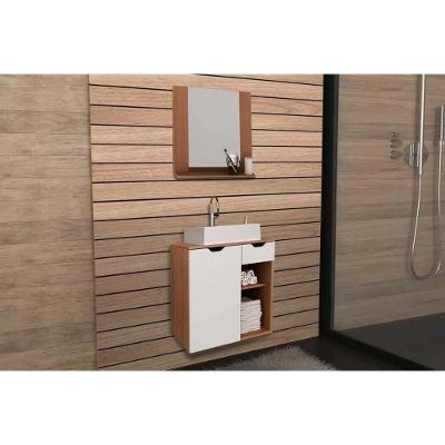 Conjunto de Banheiro Armário c/ Espelho BN3610 e Balcão Suspenso BN3605 c/ Cuba Pia BN3600 60cm cor Amêndoa/Branco - Tecno Mobili